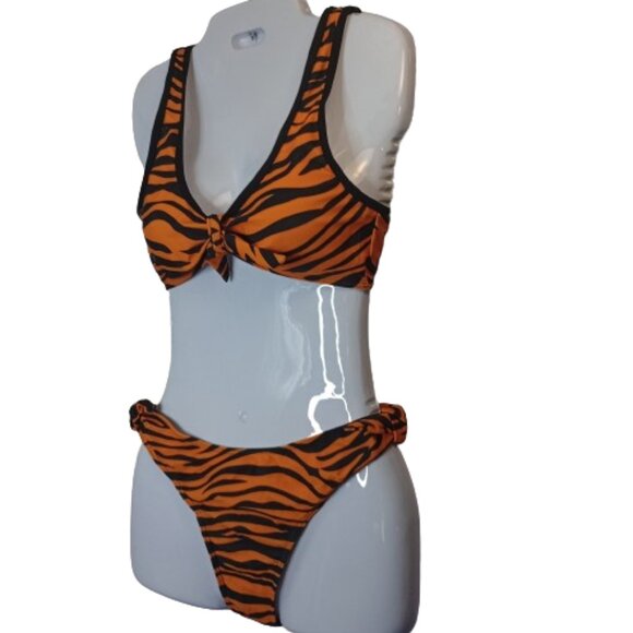 Urchics Other - Urchics 2 Piece Bikini Orange Zebra Print Padded Top Faux Ties Women's Size S
